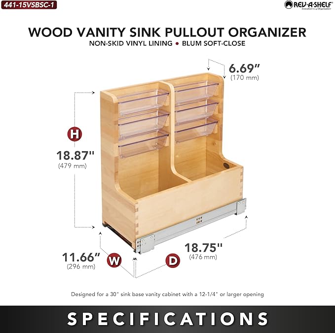 Rev-A-Shelf 30" Wood Vanity Sink Pullout Organizer Cabinet Storage with Soft-Close for Kitchen or Bathroom, Min Opening Width of 12", Maple Wood, 441-15VSBSC-1