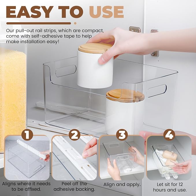 LELE LIFE Adhesive Pull Out Cabinet Drawer Sliders, Drawer Bin Organizer Sliding Rails Guides, No Drill DIY Basket Slides Bottom Mount for Shelf (4 Pack)