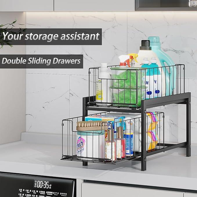 INGIORDAR 1 Pack Under Sink Organizer 2 Tier Multi Purpose Pull Out Cabinet Storage Organizers for Bathroom and Kitchen Under Sink Shelf Rust-resistant Coating Height Adjustable Black