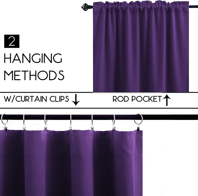 KOUFALL Purple Blackout Curtains for Bedroom,Small Curtains for Bathroom Window,Plum,24 Inch Length