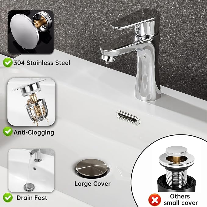 Bathroom Sink Drain Kit with Flexible Expandable Pipe: Odor-Free & Backflow-Preventing, Space-Saving Design without a P-trap, For 1-1/4'' & 1-1/2'' Drain Hole (Chrome, With Overflow)