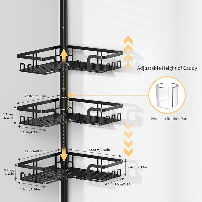 ZUNTO Tension Pole Shower Caddy with 2 Towel Holder and Hooks for Bathroom, Adjustable 25in-114in Floor to Ceiling Shower Organizer, Standing 4 Tier Corner Shelves for Storage and Hanging, Matte Black