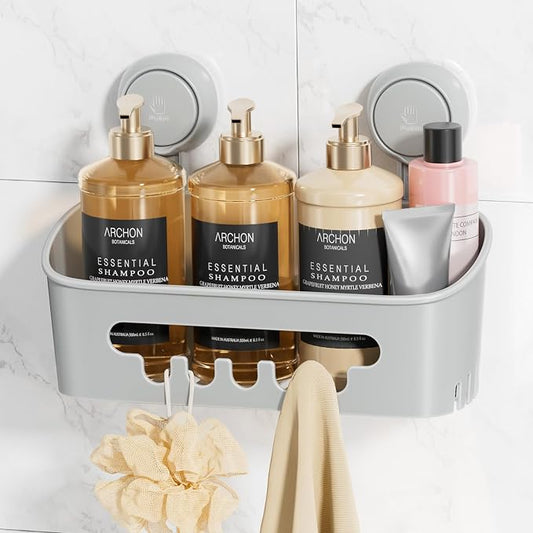 LEVERLOC Shower Caddy Suction Cup, Shower Organizer Removable Bathroom Shelf, Storage for Inside Shower Powerful Suction Max Hold 22lbs Waterproof Holder, Gray