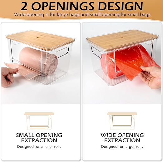 Stackable Trash Bag Dispenser with Wooden Top for Holding 13 to 33 Gallon Large Bag Sizes – Medium Size Garbage Bag Holder with Anti-Slip Base, Trash Bag Dispenser Under Sink (10.8"x6.7"x6" inches)