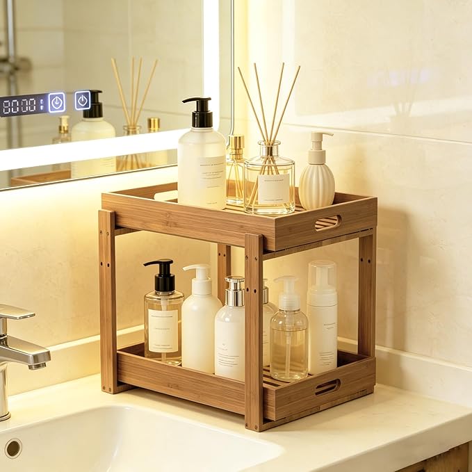 Under Sink Organizer and Storage - 2-Tier Bamboo Kitchen Cabinet Shelf with Adjustable Levels, Undersink Organization Slide Out for Bathroom Cabinet Pantry Brown