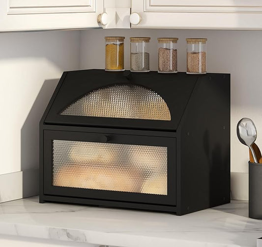 Bread Box, Bamboo Wood Bread Box for Kitchen Counter, Double-layer Bread Storage Bin, Acrylic glass with Diamond Patterns (Black, Large)