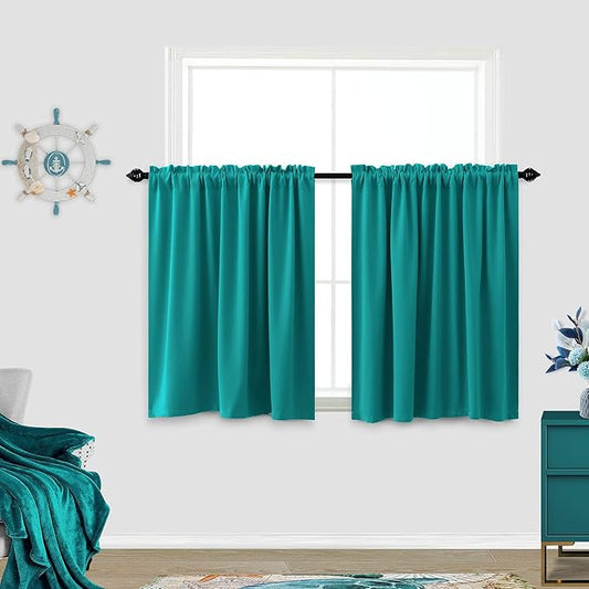 KOUFALL Teal Kitchen Curtains Valances 24 Inch Length Set of 2 Pack Rod Pocket Short Privacy Blackout Small Washing Machine Cover