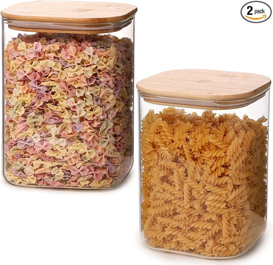 Glass Food Storage Jars 3.6 Qt Set of 2,Glass Storage Containers Clear Glass Food Canister with Bamboo Lid Airtight For Serving Tea, Coffee, Flour, Sugar, Candy, Cookie, Spice and More (Square)