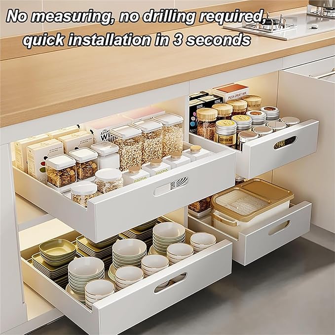 Extendable Pull Out Cabinet No Drill Sliding Drawer Space Saving Storage Solution for Kitchen Bathroom & Pantry，White 25 * 43 * 7cm