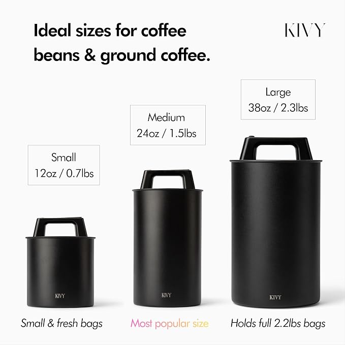 KIVY Vacuum Coffee Canister - Push Lid Preserves Coffee Aroma & Oil - Stainless Steel Airtight Coffee Canister - Container for Ground & Coffee Bean Storage - Storage Jar - Removes Excess Air