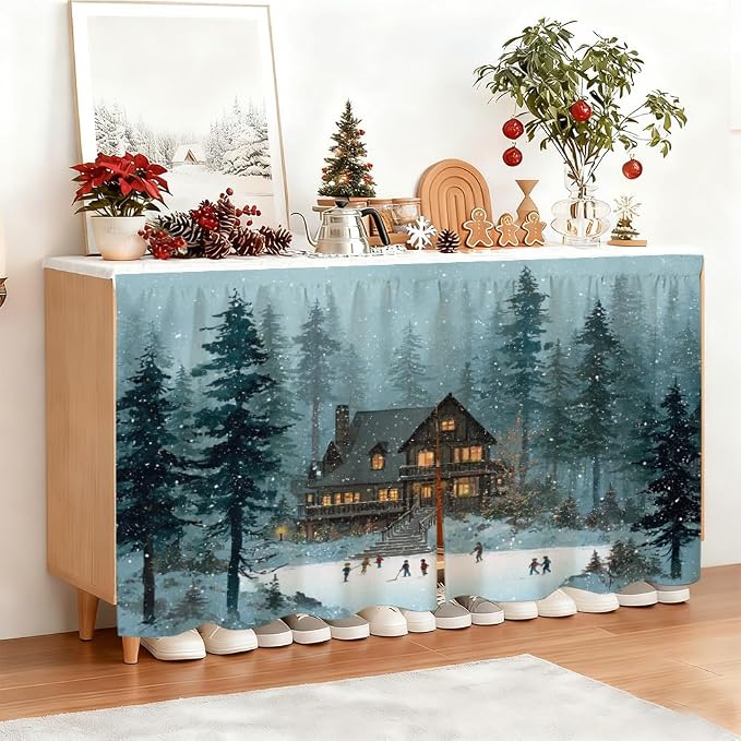 Self Adhesive Cabinet Curtain for Mother's Day, 39x28 Inch Vintage Cabin Under Sink Skirt No Drill, Spring Cleaning Kitchen Decor, Hook and Loop Laundry Valance, Forest Lake Fabric Panel