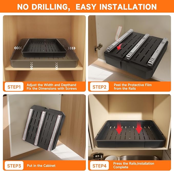 Pull out Cabinet Organizer,Adjustable Width (14"-19") and Depth (17"-24") Expandable,No Drill Slide out Drawers for Kitchen,Pantry,Adhesive Roll out Shelves,for Cabinets Without Lip (black)