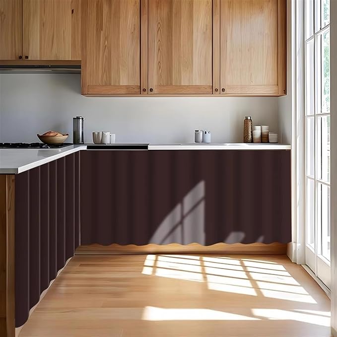 Under Sink Curtain for Closet, Privacy Short Cabinet Curtain Self Stick Adhesive Desk Skirt for Kitchen Classroom, Coffee, 35" W x 20" L