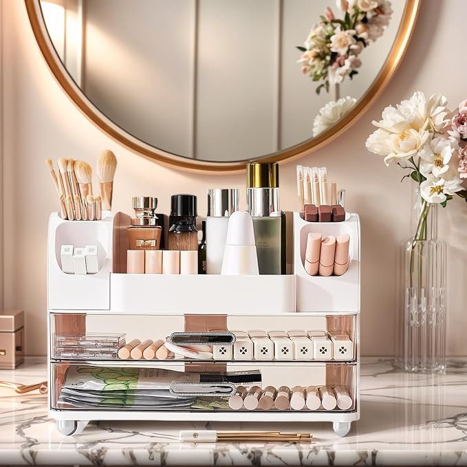 Makeup Organizer with 2 Drawers, Cosmetic Display Case, Storage Holder for Vanity, Bathroom Counter, Desk, Beauty Supplies (White)