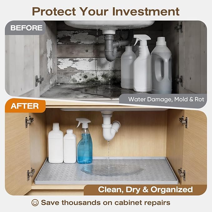 TRZZ Silicone Waterproof Under Sink Mat 34" x 19", Drip Tray and Cabinet Liner for Kitchen and Bathroom, Prevents Water Damage and Organizes Cabinets (Brown)