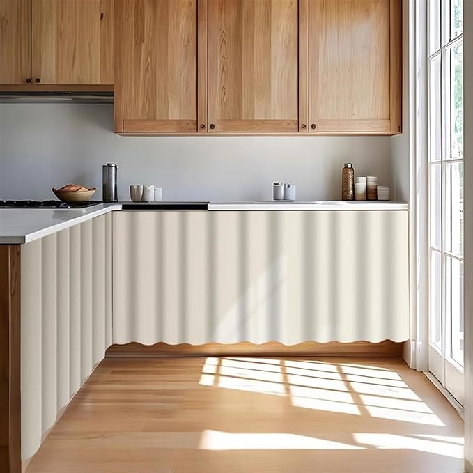 Under Sink Curtain for Closet, Privacy Short Cabinet Curtain Self Stick Adhesive Desk Skirt for Kitchen Classroom, Beige, 35" W x 32" L