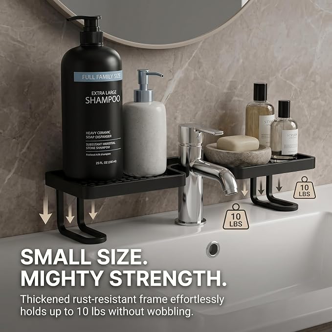 Behind The Faucet Sink Organizer with 20-Pack Pull-Out Microfiber Cloths, No-Drill U-Shaped Bathroom Countertop Shelf, Holds 10 Lbs, Quick Drain Washbasin Space Saver (Black)