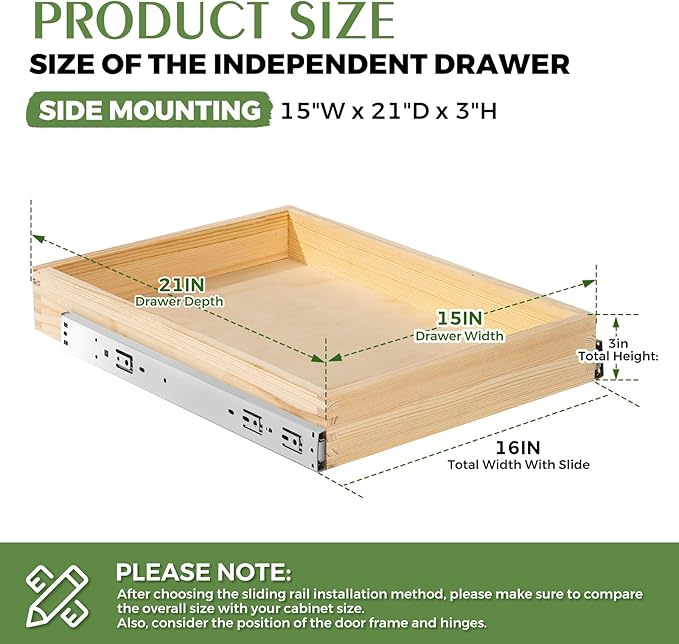 Wooden Pull Out Cabinet Organizer for Kitchen Fully Assembled 15" W x 21" D x 3" H Solid Wood Drawer with Soft Close Slides Bottom or Side Mount for Pantry Bathroom Bedroom Dining Room Storage