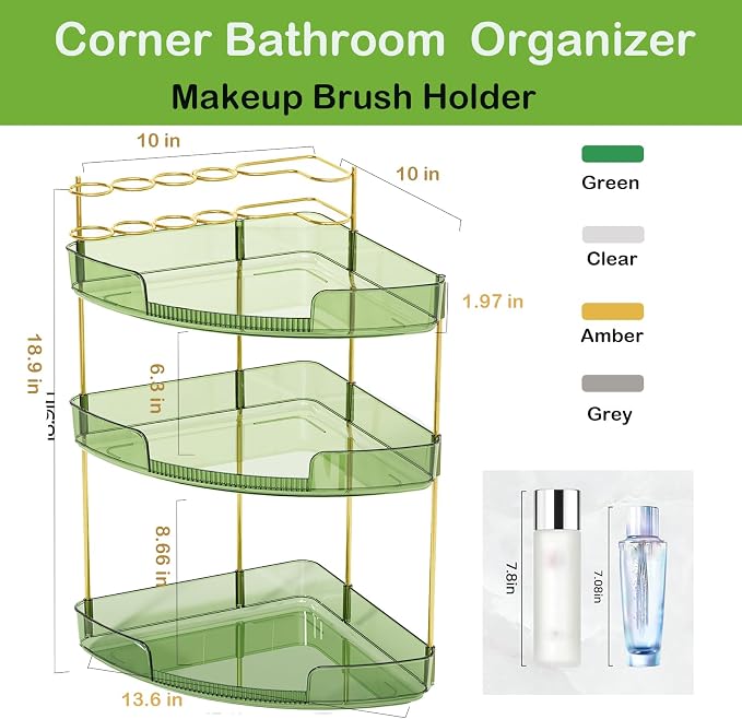 FELIZHOUSE 3-Tier Makeup Organizer for Vanity & Bathroom Countertop – Acrylic Storage Shelf with Perfume Tray & Makeup Brush Holder, Tool-Free Installation, Design for Bathroom & Dresser - Green