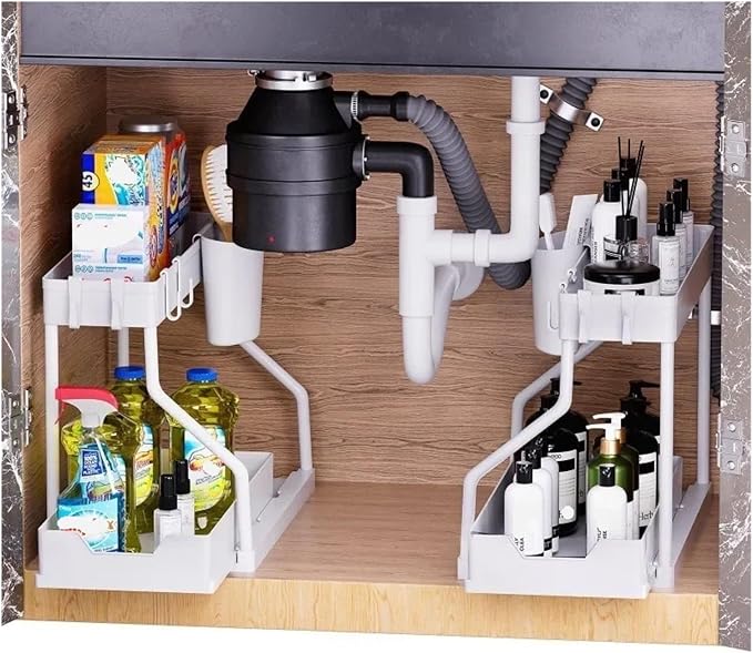 2-Tier Pull-Out Storage Organizer - Space-Saving Kitchen and Bathroom Essentials Organizer with Large Capacity Drawer(Black-2 ties-1Pack)