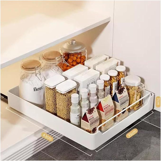 Pull Out Cabinet No Drill No Screw Sliding Storage Solution for Kitchen & Bathroom Cabinets White 43x40x7cm Space Saving Drawer，White 43 * 35 * 7cm