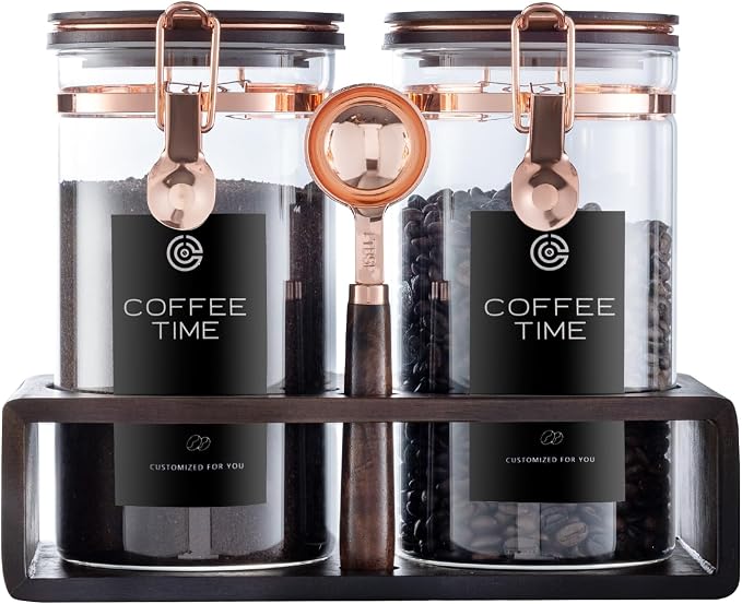 Glass Coffee Canister Set with Wooden Shelf, 2 Pack 45oz Airtight Food Storage Containers with Lids & Spoons, Large nisters for Coffee Beans, Sugar, Tea, Nuts