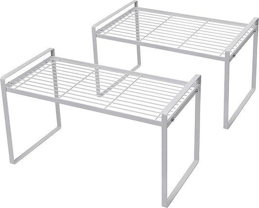 Shantton 2Pack Cabinet Shelf Organizer Storage Rack Space Saving for Kitchen Counter Pantry Bathroom Cupboard Under Sink Office Table Steel Stackable Rust Resistant Heavy Duty Nonslip 16” White - Tall