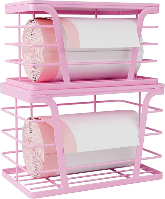 TIDIIABODE 2 Pack Pink Trash Bag Holder - Stackable Garbage Bag Dispenser with Bamboo Top, Kitchen Accessories & Decor, Wall Mount Storage for Kitchen, Home, Bathroom Decor & Gifts