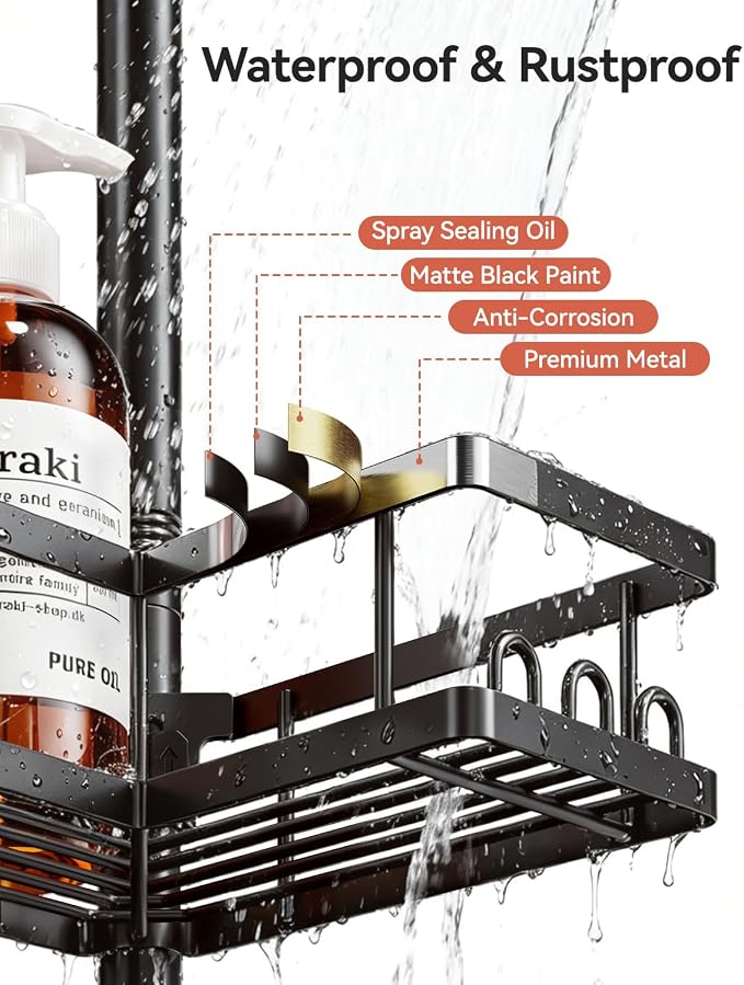 YASONIC Corner Shower Caddy Tension Pole, 25.7-109.1in Adjustable Shower Shelves, Rust-Resistant Shower Organizer, No-Drill 3-Step Installation, Bathroom Shelves for Renters & Family, Black