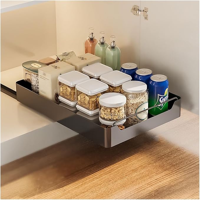 cupboardPull Out Drawer Kitchen Telescopic Drawer Retrofit Pull Slide Out Drawer with Handle Storage Shelves for Kitchen Cabinets with Adhesive Film Pull Out Drawer No Drilling