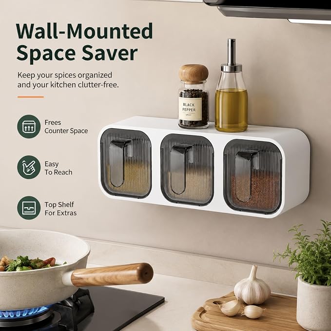 Wall Mounted Spice Box Organizer with Spoons, No Drill Kitchen Seasoning Containers for Salt Sugar Pepper, Pull Out Seasoning Storage Holder for Countertop Cabinet Pantry (Gray 2 Compartments)