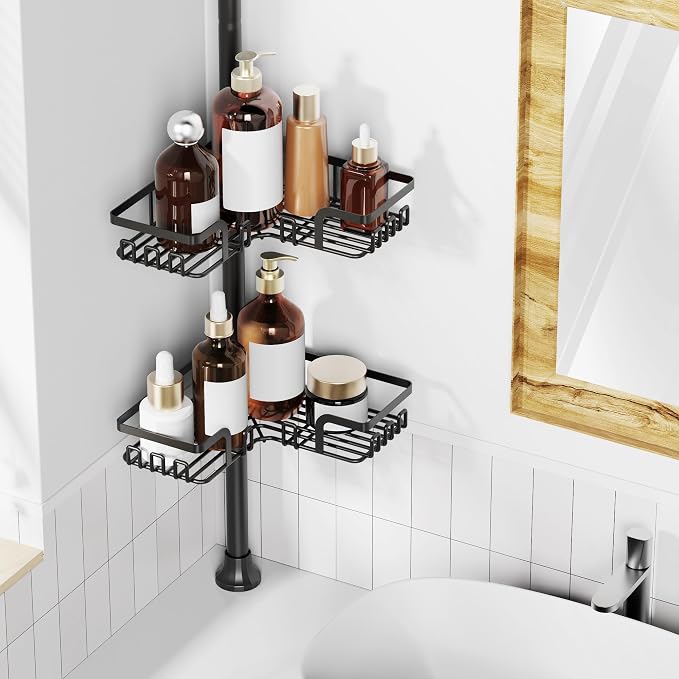 ZUNTO Tension Pole Shower Caddy with 2 Towel Holder and Hooks for Bathroom, Adjustable 25in-114in Floor to Ceiling Shower Organizer, Standing 4 Tier Corner Shelves for Storage and Hanging, Matte Black