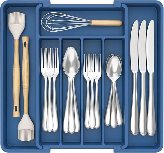 Lifewit Silverware Drawer Organizer, Expandable Utensil Tray for Kitchen, BPA Free Flatware and Cutlery Holder, Adjustable Plastic Storage for Spoons Forks Knives, 8.5"-14.1" x 12.1", Dark Blue