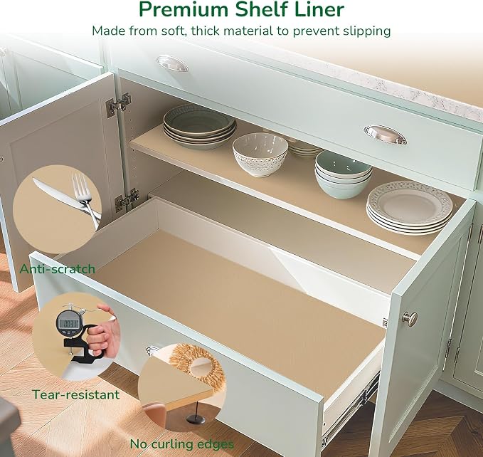 Drawer and Shelf Liner for Kitchen, Non-Slip Non-Adhesive Cabinet Liners for Cupboard, Dresser, Shelves, Tool Box, Pantry, Thickened Easy Install, Strong Grip, 23.6In x 20FT, Beige