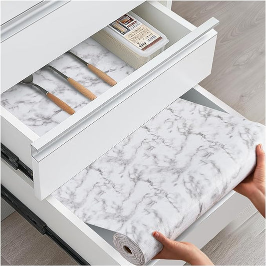 Drawer and Shelf Liner, Non-Slip Kitchen Cabinet Liners Non-Adhesive Thick Strong Grip Waterproof Washable Mats Protect Dresser Shelves Cupboard Bathroom Cabinets, White Marble, 24 in X 30 FT