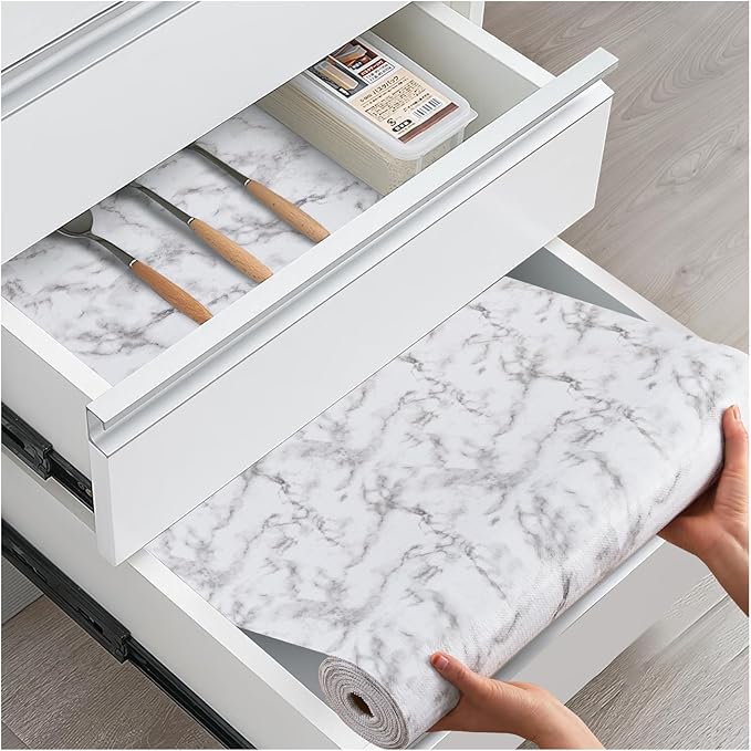 Drawer and Shelf Liner, Non-Slip Kitchen Cabinet Liners Non-Adhesive Thick Strong Grip Waterproof Washable Mats Protect Dresser Shelves Cupboard Bathroom Cabinets, White Marble, 12 in X 30 FT