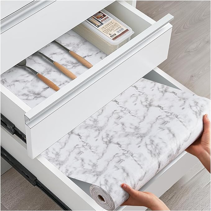 Drawer and Shelf Liner, Non-Slip Kitchen Cabinet Liners Non-Adhesive Thick Strong Grip Waterproof Washable Mats Protect Dresser Shelves Cupboard Bathroom Cabinets, White Marble, 18 in X 30 FT