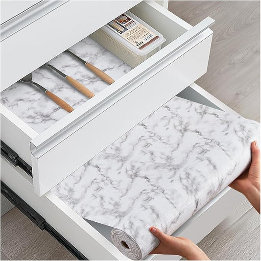 Drawer and Shelf Liner, Non-Slip Kitchen Cabinet Liners Non-Adhesive Thick Strong Grip Waterproof Washable Mats Protect Dresser Shelves Cupboard Bathroom Cabinets, White Marble, 12 in X 20 FT