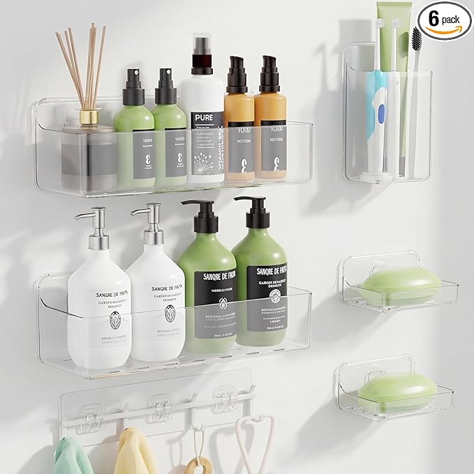 Adhesive Shower Caddy 6 Pack Rustproof Shower Shelves for Inside Shower No Drilling Bathroom Organizers and Storage Large Rack with Soap Holder Clear