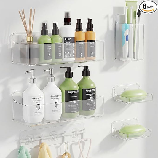 Adhesive Shower Caddy 6 Pack Rustproof Shower Shelves for Inside Shower No Drilling Bathroom Organizers and Storage Large Rack with Soap Holder Clear