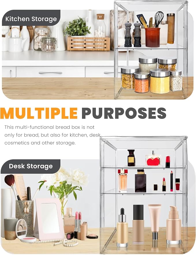 Bread Box,Large Bread Boxs for Kitchen Countertop - 4 Layers Adjustable Bread Storage Container,Clear Boxes for Kitchen Counter, Breads Box Airtight,Bread Holder,Perfect for Bagel Muffins-3Pcs
