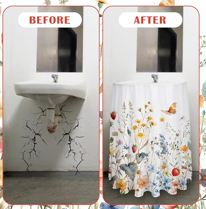 Fabric Sink Skirt Diamond Bathroom Stitch Self Stick Adhesive Waterproof Fabric Under Sink Curtain Skirt 55 x 32 Inch Adds Bathroom Storage (White,Wildflowers Style)