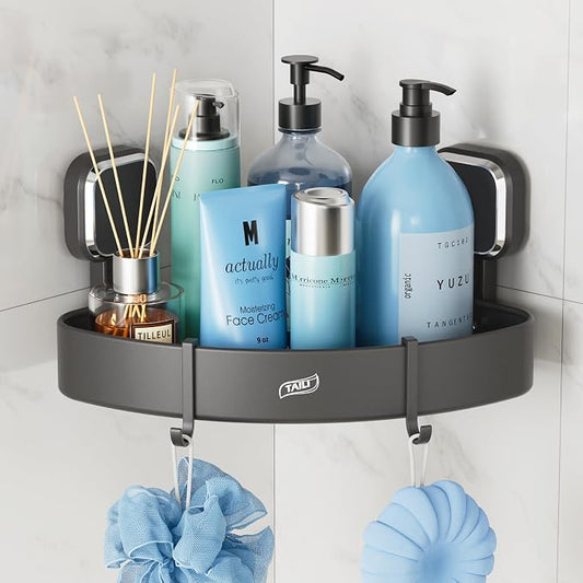 TAILI Corner Shower Caddy with Suction Cup Hooks, Aluminum Corner Shelf Basket,No-Drilling Rustproof for Kitchen and Bathroom, Wall Mounted Organizer Rack for Shampoo-Grey