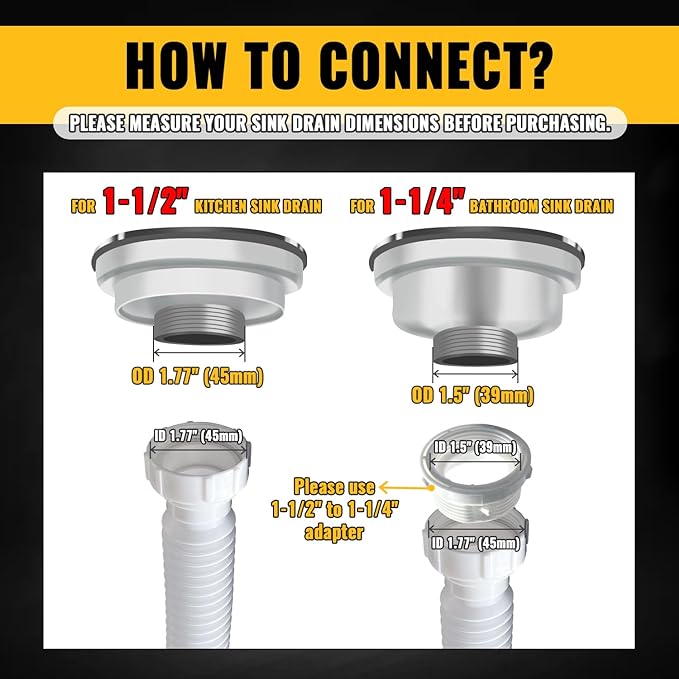 VIVIDA Flexible Sink Drain Pipe, 1-1/2" Expandable Flexible P Trap Drain Pipe, 11"-31.5" Sink P Trap for Bathroom & Kitchen, 1-1/4" Adapter Included, White, 1 PACK