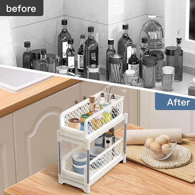 Under Sink Organizer, 2 Tier Bathroom Organizer Under Sink, Pull-Out Sliding Under Kitchen Cabinet Storage Rack, Multi-purpose Organizer Storage Shelf for Bathroom Kitchen, White, 2 Pack
