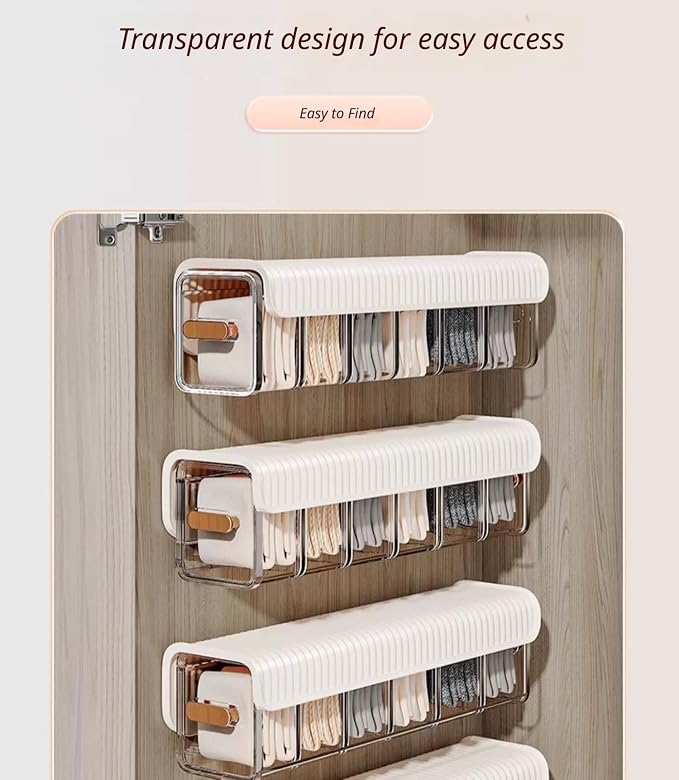 2 PCS No-Drill Wall Mount Underwear Organizer - Clear Drawer with Removable Dividers for Closet, 6-Slot Hanging Storage for Socks, Bras, Panties, Smooth Gliding & Space Saving (White&Transparent)
