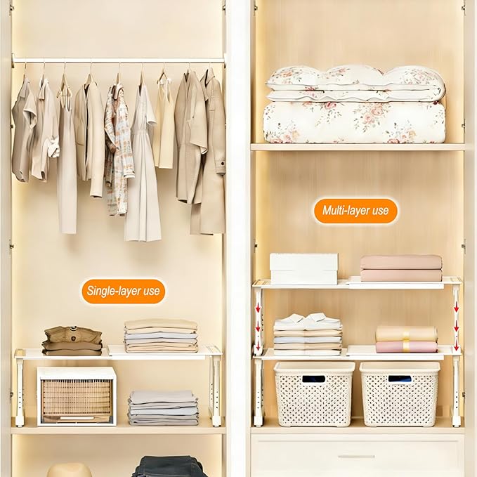 Expandable Cabinet Organizer Shelf, Adjustable Height Under Sink Storage Organizer, Shelf Riser for Kitchen, Bathroom, Wardrobe, Under Sink Counter(Beige) (1)