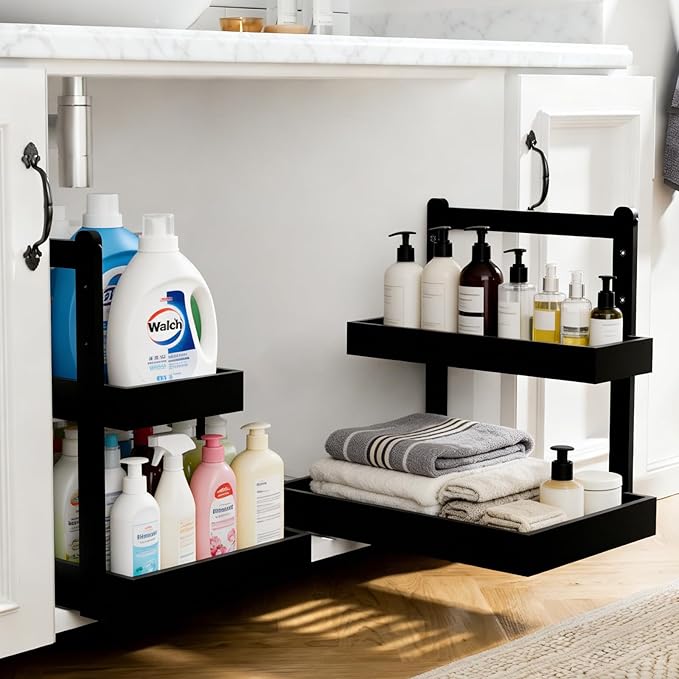 2-Tier Under Sink Pull Out Organizer, Bamboo Cabinet Storage Shelf with Adjustable Height, Slide Out for Kitchen Bathroom Pantry (Black, 2 Packs)