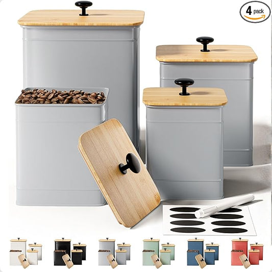 Kitchen Canisters for Countertop Set of 4 with Customizable Chalkboard Labels & Marker Pen - Big Iron Kitchen Canisters with Airtight Lids - Gray Canister Set - Flour and Sugar Containers Farmhouse