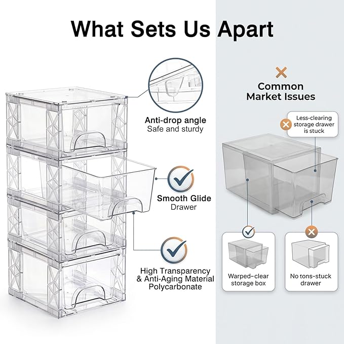 Plastic Storage Drawers, 4.4in Stackable Box 8 Pack Simply Assembled Bins Containers Suitable for Cosmetics, Bathroom, Kitchen, Cabinets